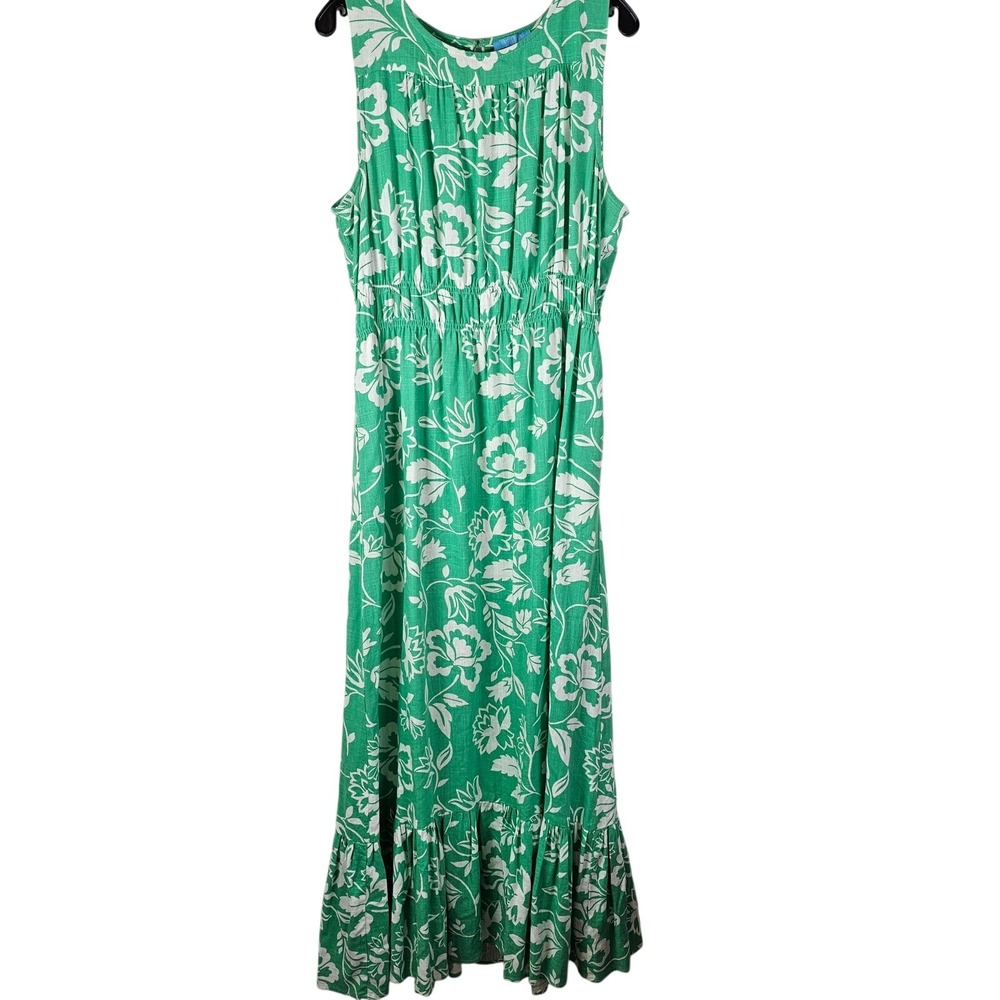 Draper James RSVP Kelly Green Floral Linen Smocked Maxi Dress XL Sleeveless